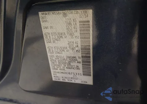 2014 Nissan Pathfinder Sv z USA, uszkodzony, nr VIN 5N1AR2MN2EC675331